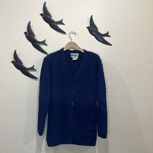 Aran Crafts 100% Merino Wool V-Neck  Boyfriend Cardigan - Navy - XS